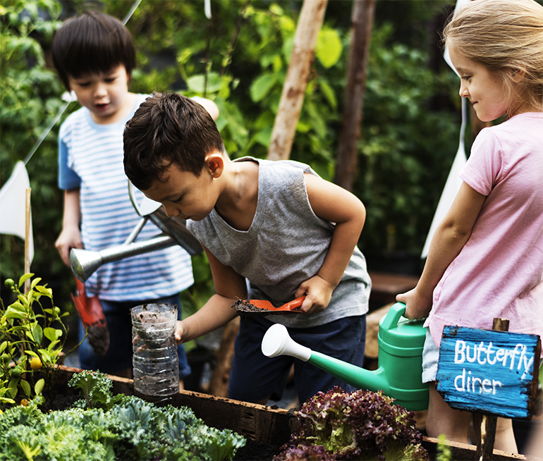 Three children water plants in a garden.